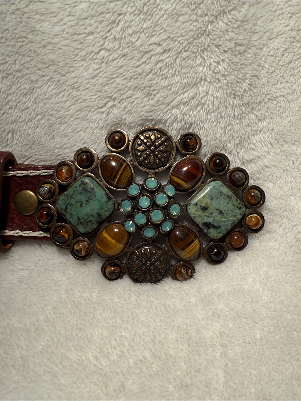 Gorgeous Leatherock Whipstitch Belt w/Brass hardware and Semiprecious Stones
